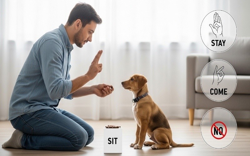 Dog owner teaching basic commands at home using treats and hand gestures, showing how to train a dog at home Pakistan in a simple and effective way