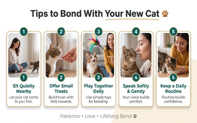 How to introduce new cat at home in a safe and calm way, showing a person gently interacting with a newly adopted cat in a peaceful environment.