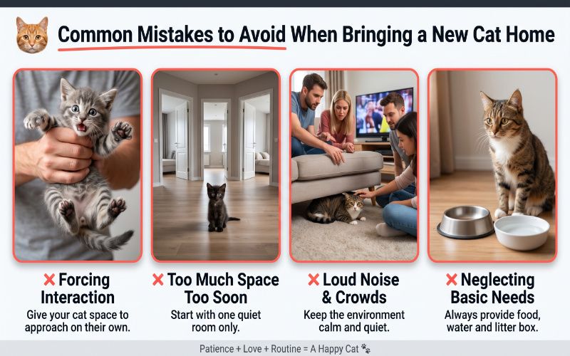 A realistic image of a stressed new cat hiding in a cluttered room, showing common mistakes like lack of proper setup and too much disturbance.