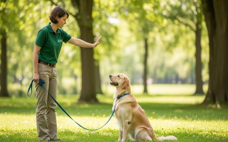 Dog trainer teaching obedience commands to a trained dog in outdoor park setting