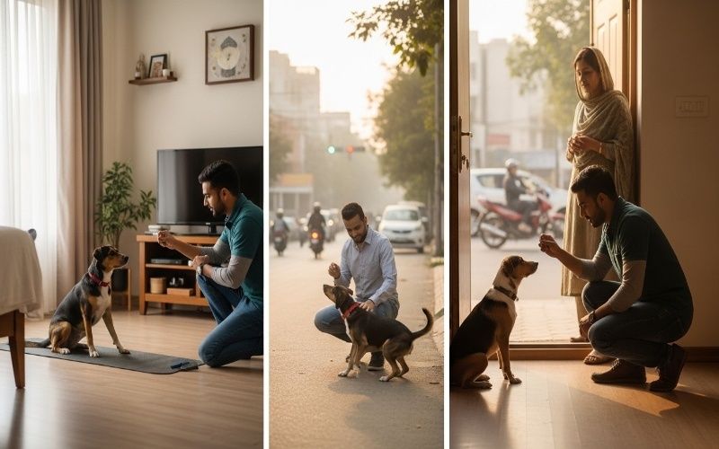 Dog training at home Pakistan showing obedience training in small living space, calm behavior with visitors, and adapting to noise and weather conditions