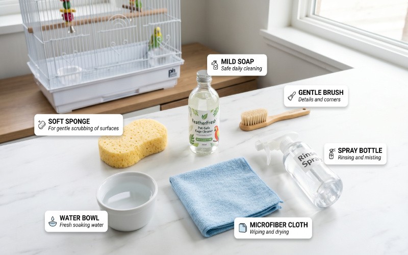 Cleaning supplies including soft brush, sponge, mild soap, and water arranged for safe bird cage cleaning