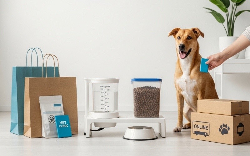 Healthy dog beside fresh water, food bowl, storage container, and dog food shopping options.