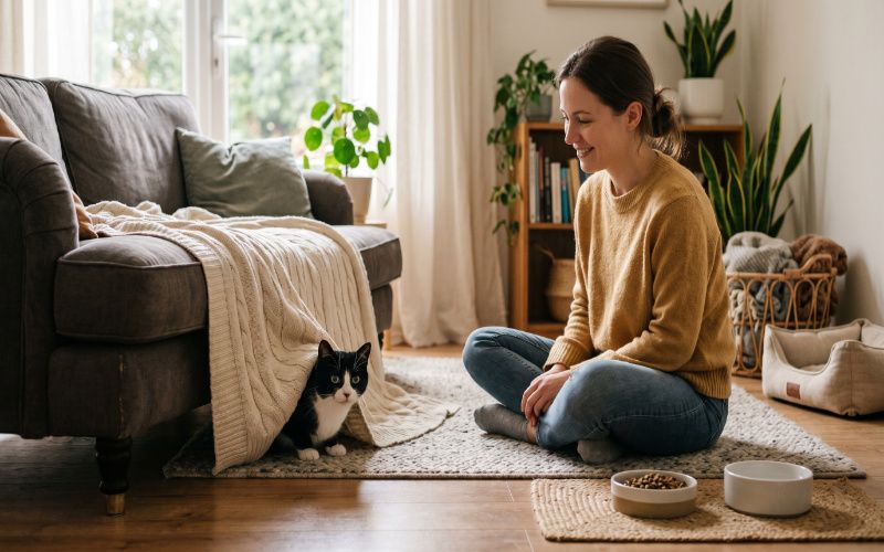 A realistic scene of a shy new cat calmly adjusting to a home while its owner gently interacts from a distance in a peaceful environment.