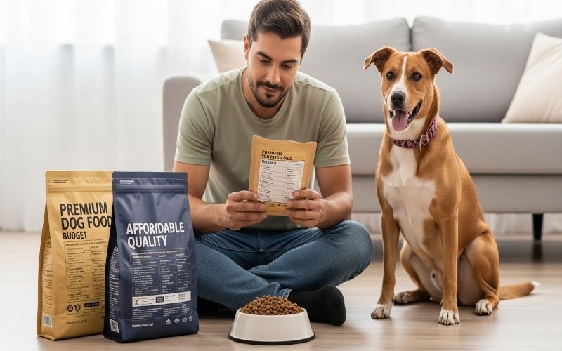 Pet owner checking dog food package while healthy dog sits nearby with quality food options.