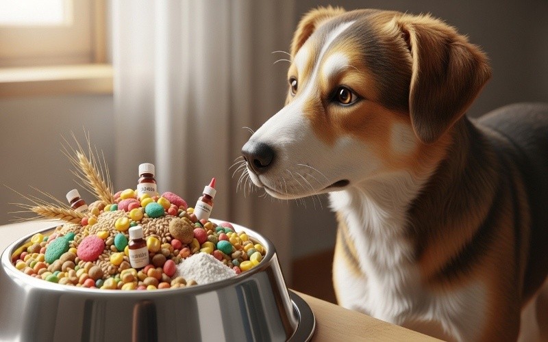 Healthy dog avoiding a bowl of low-quality dog food with fillers and artificial ingredients.