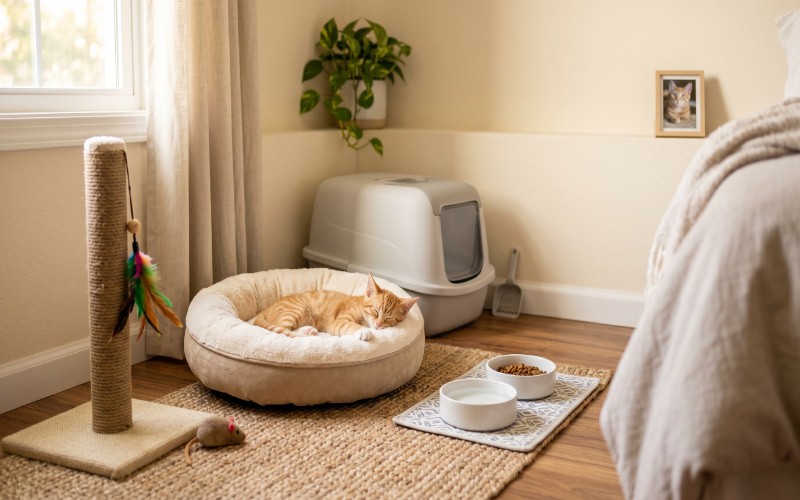 A realistic home corner prepared for a new cat with a bed, litter box, food and water bowls, scratching post, and toys in a clean and safe environment.