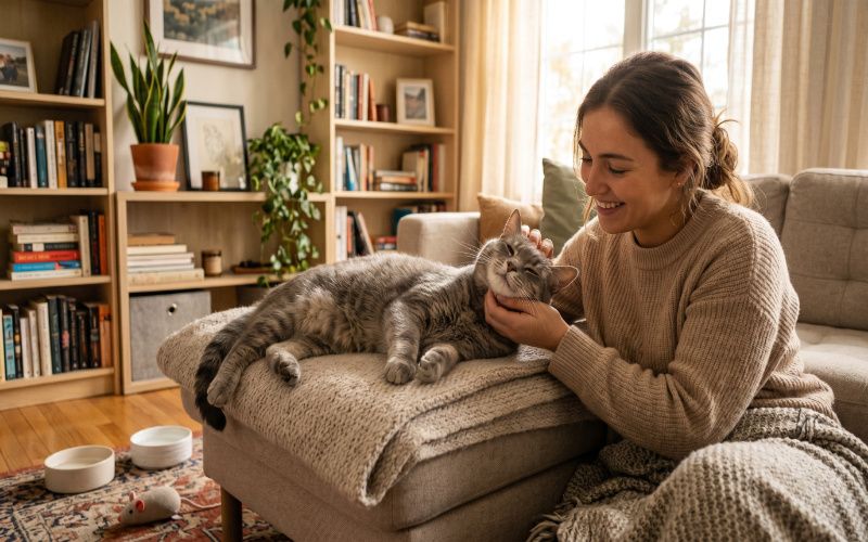 A realistic image of a newly adopted cat relaxing and exploring a home, showing signs of comfort like eating, playing, and approaching its owner.