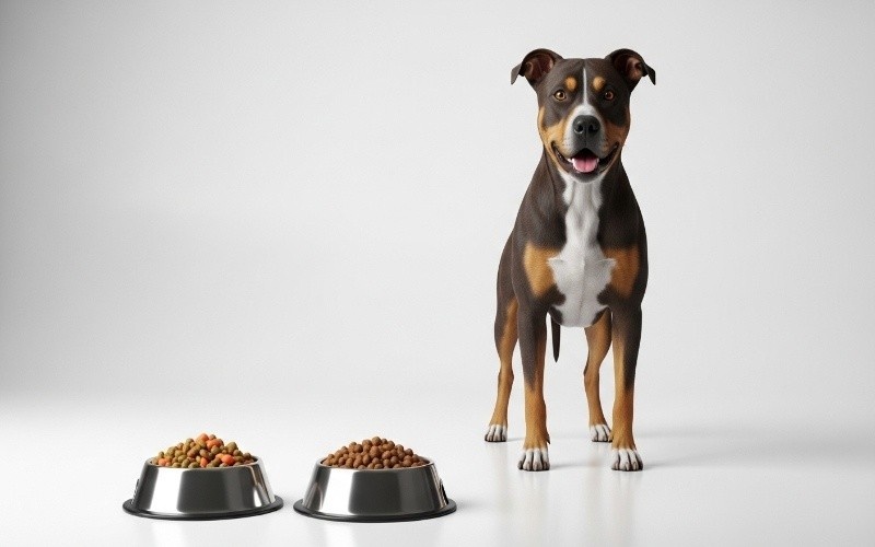 Healthy dog standing beside good and poor quality food bowls showing importance of proper nutrition.