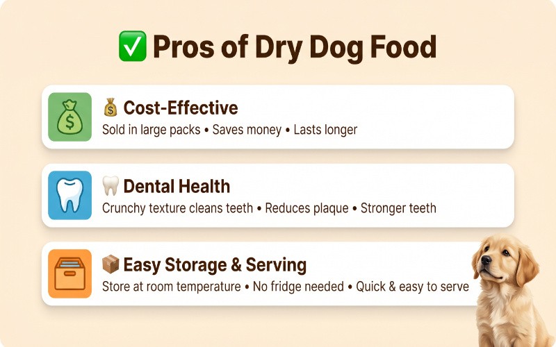 Golden retriever eating dry dog kibble beside a large food bag and storage container in a modern kitchen.