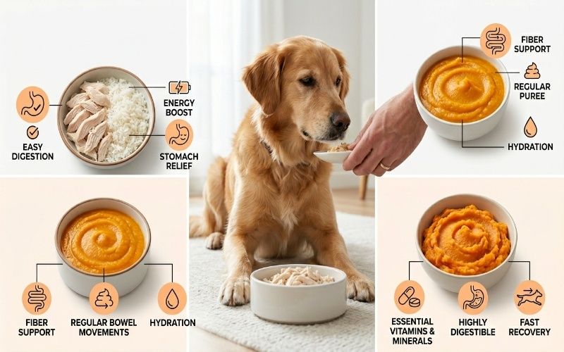 Realistic infographic showing boiled chicken rice pumpkin and sweet potato for sick dogs