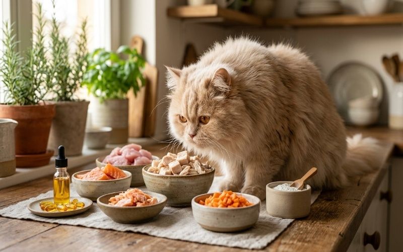 Realistic Persian cat sitting beside a bowl of healthy cat food showing best food for Persian cat nutrition concept in a cozy home setting.