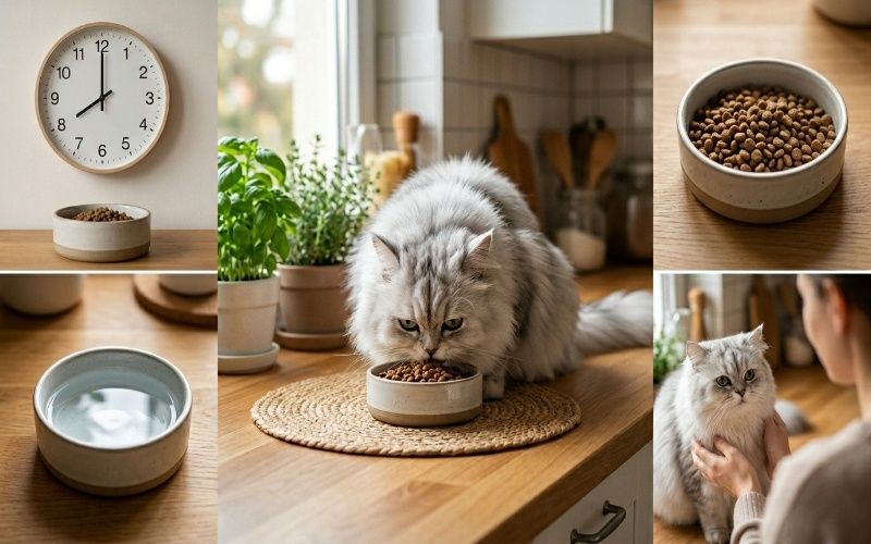 Realistic Persian cat sitting beside a bowl of healthy food representing best food for Persian cat nutrition and diet care.