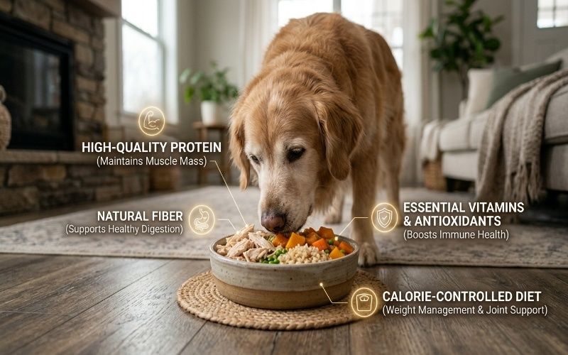 Senior dog eating soft nutritious food in a warm home setting, showing healthy diet and key nutrients for aging dogs.