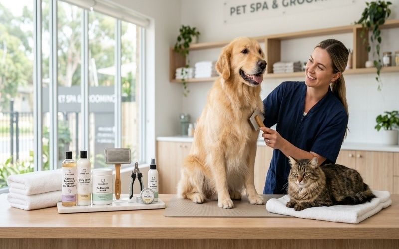 Pet grooming and hygiene products including shampoo, brushes, nail clippers, and wipes for dogs and cats.