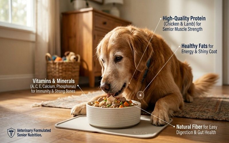 Senior dog eating soft wet food in a bowl, showing healthy nutrition with protein, fats, fiber, vitamins, and minerals for older dogs.