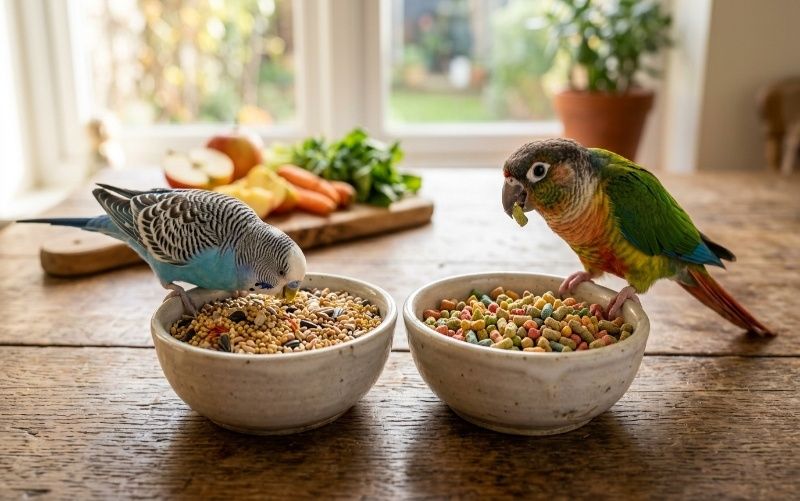 Realistic photo of pet birds comparing seeds and pellets for a healthy balanced diet and better nutrition.
