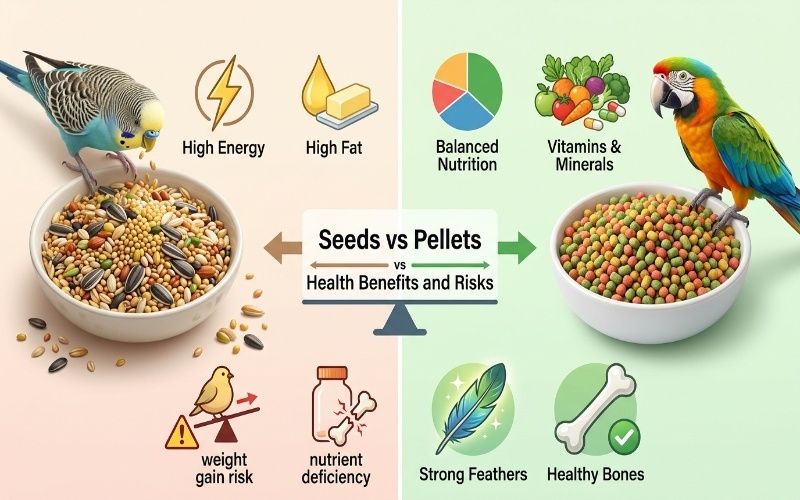 Infographic showing comparison of bird seeds and pellets with health benefits and risks for pet bird nutrition.