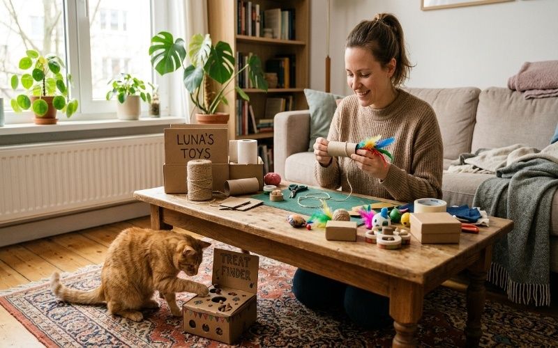 Cat owner making DIY cat toys at home while an indoor cat plays with homemade cardboard puzzle toys.