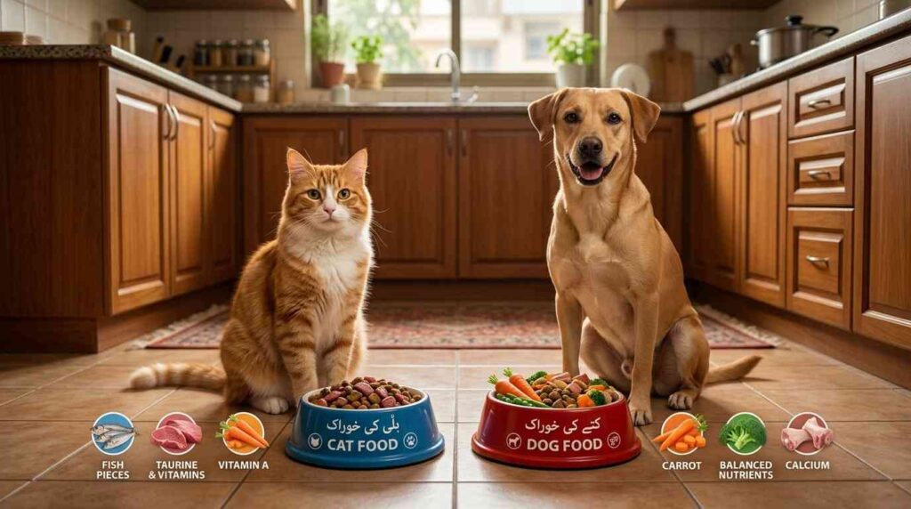 Realistic image showing cat and dog with different food highlighting taurine vitamins and minerals requirements