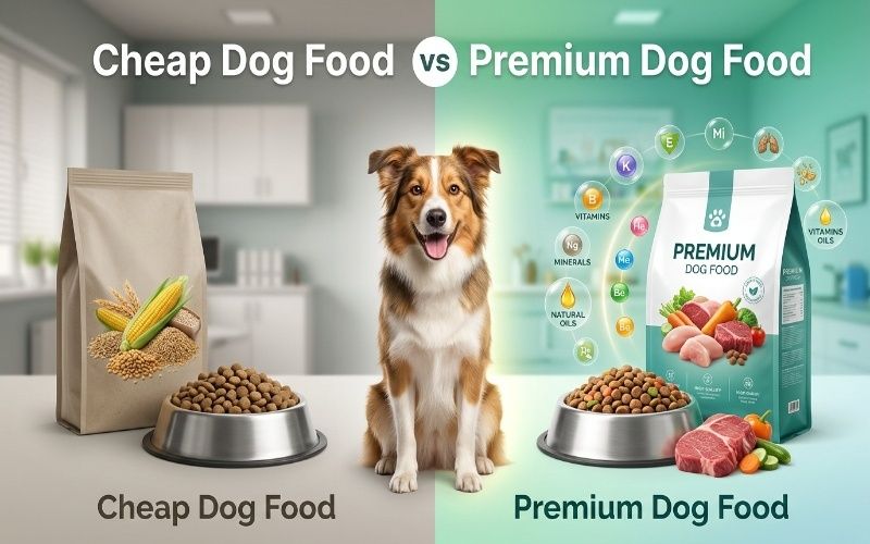 Side-by-side comparison of cheap dog food and premium dog food showing low-quality kibble versus nutritious ingredients like chicken and vegetables with a healthy dog in the center.