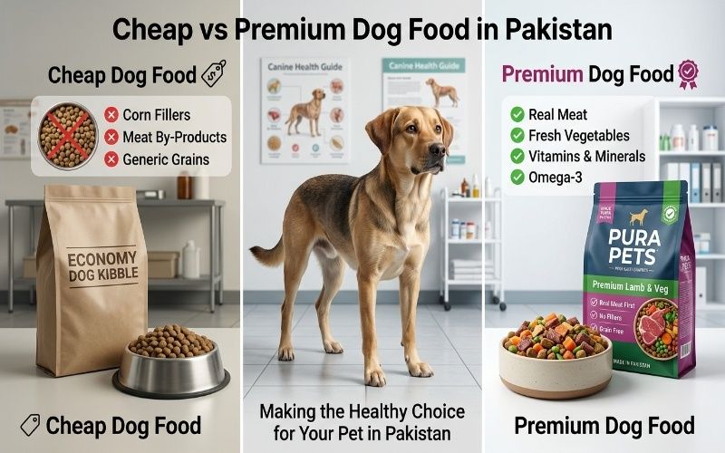 Comparison of cheap vs premium dog food in Pakistan showing low-quality kibble on one side and high-quality nutritious dog food on the other with a healthy dog in the center.
