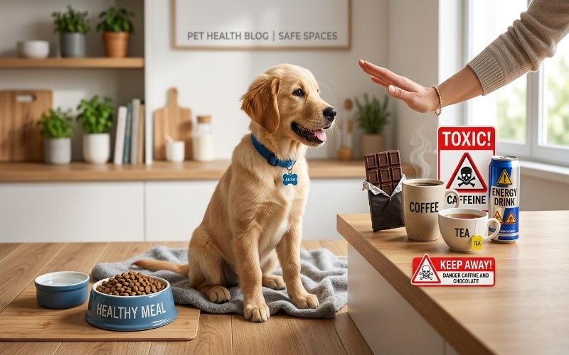 Dog sitting near a healthy food bowl while chocolate, coffee, tea, and energy drink are shown with warning signs, highlighting the dangers of chocolate and caffeine for dogs.