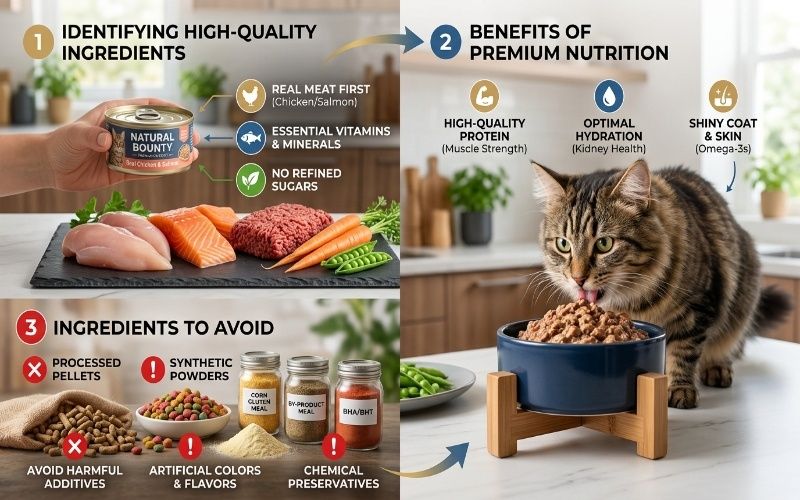 Realistic infographic of healthy wet cat food ingredients and protein-rich meals for cats