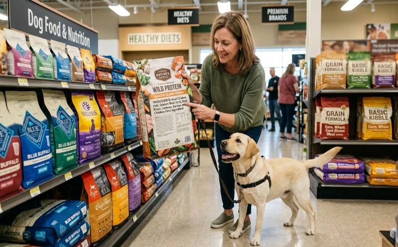 Dog owner inspecting dog food labels for high-quality protein ingredients in a pet store