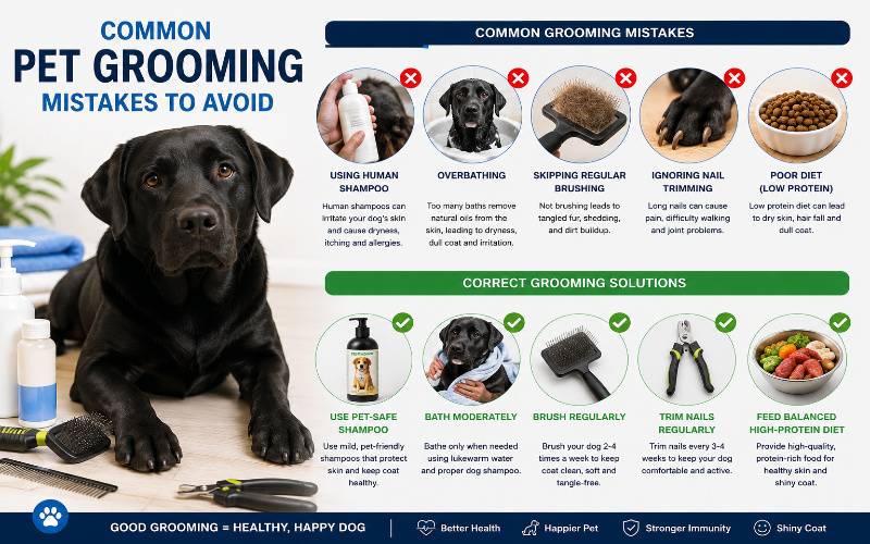 Infographic showing black dog and pet grooming mistakes like human shampoo, overbathing, and improper care with correct grooming tools and healthy pet care icons