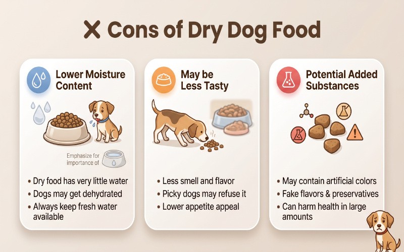 Professional infographic showing the cons of dry dog food, including lower moisture content, less taste, and possible artificial additives.