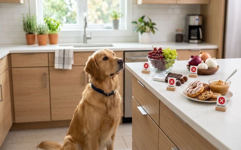what food is bad for dogs with harmful foods like chocolate, grapes, onions, and garlic, each marked with a small warning sign to highlight 'what food is bad for dogs'."