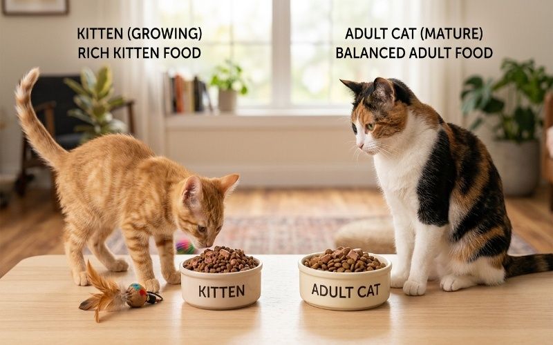 Comparison of kitten food vs adult cat food showing nutritional and age differences
