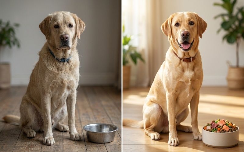 Healthy dog with shiny coat beside a bowl of nutritious dog food showing natural diet benefits for skin and coat health