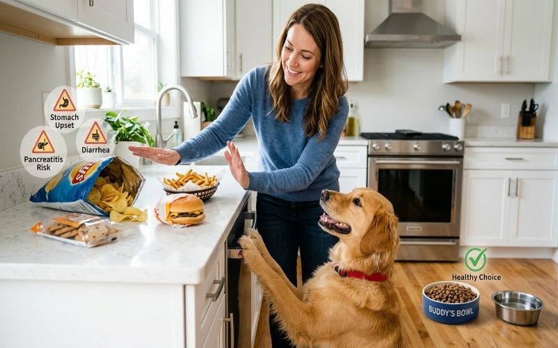Dog being gently stopped from eating chips, fries, and processed snacks in a clean kitchen, showing that fatty and processed foods are unsafe for dogs.
