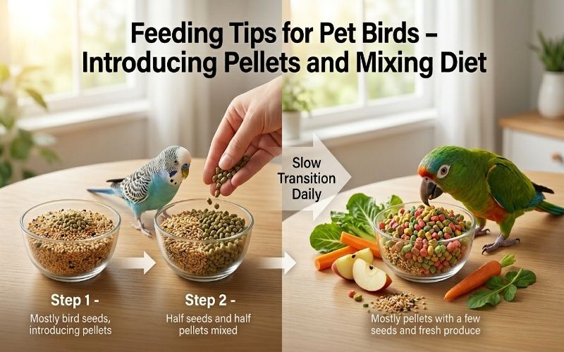 Photorealistic guide showing Bird seeds vs pellets feeding tips, gradual diet transition and mixing seeds with pellets for pet birds.