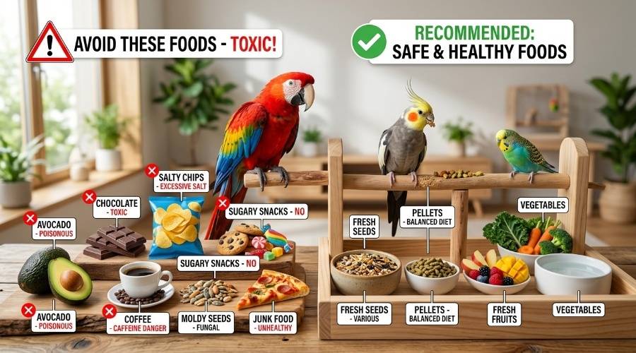 Pet birds near unsafe foods like chocolate and avocado beside healthy seeds, fruits, and vegetables.