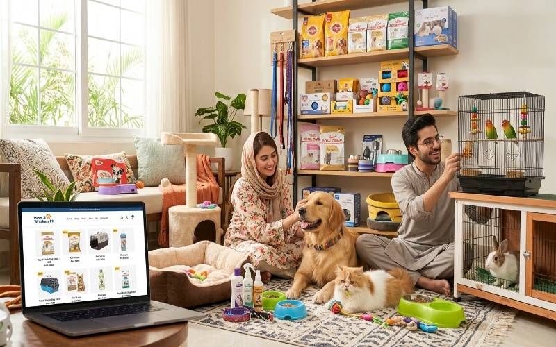 Pet owners in Pakistan buying pet food, toys, beds, cages, and grooming products for dogs, cats, birds, and rabbits.
