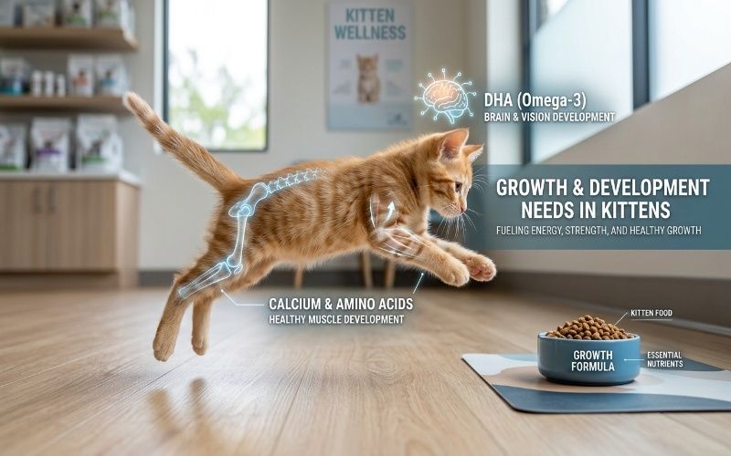 Kitten growth and development showing protein, DHA for brain and vision, and nutrients for strong bones and muscles