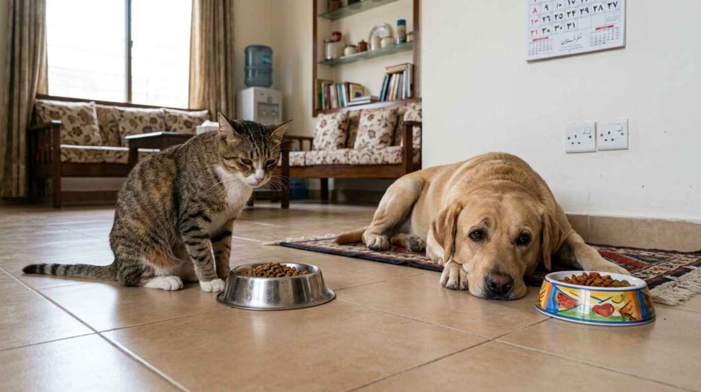 Realistic image of cat and dog looking unwell due to eating wrong food in a home environment