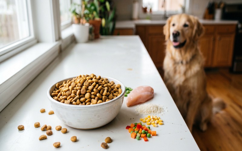 Bowl of dry dog kibble with grains, chicken, and supplements on a kitchen counter.