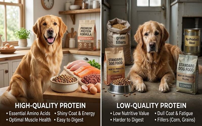 Comparison of high-quality and low-quality protein sources in dog food with healthy vs tired dog