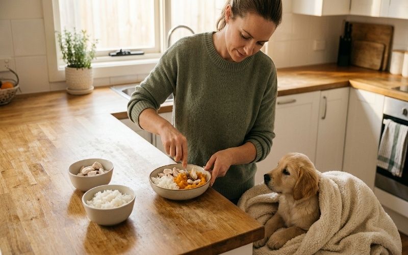 Realistic scene of homemade boiled rice, chicken, and pumpkin prepared as safe food for puppy diarrhea recovery