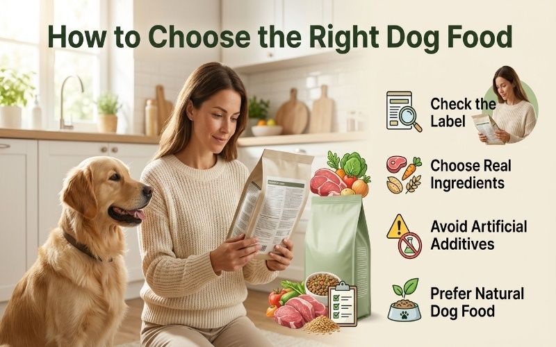What is dry vs wet dog food infographic showing a dog owner checking ingredients, comparing natural dog food options, and avoiding artificial additives.