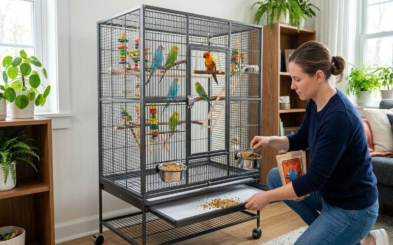 Clean and safe bird cage with parrots and budgies indoors