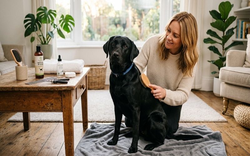 Dog being brushed at home with grooming tools like shampoo, comb, and nail clipper highlighting pet hygiene and health care