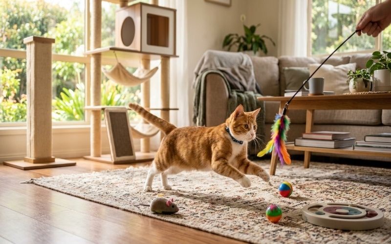 Indoor cats playing with different toys including interactive, puzzle, plush, and ball toys in a cozy modern home environment.