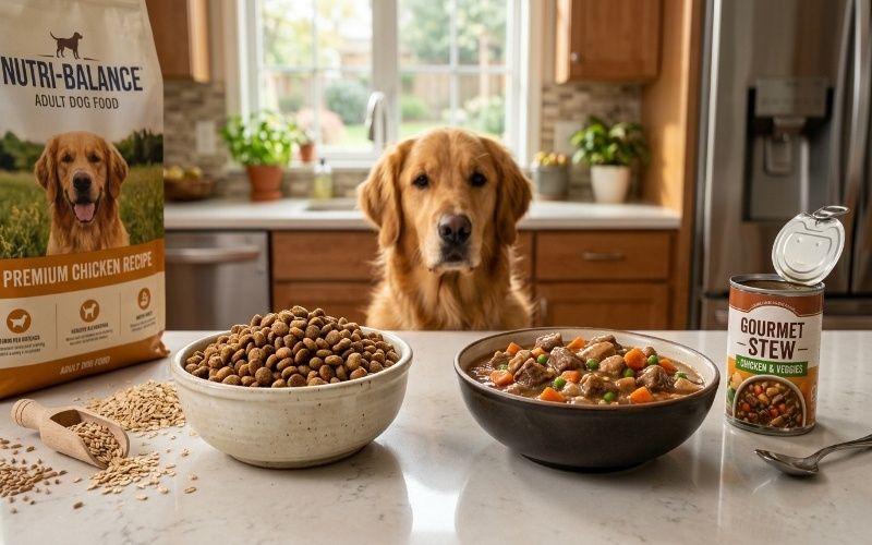 Realistic comparison of dry dog kibble and wet dog food bowls in a modern kitchen with a golden retriever in the background.