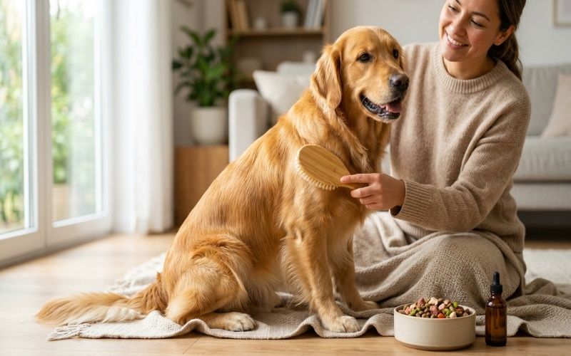 Dog being gently brushed by owner with healthy food and supplements nearby showing natural ways to improve coat shine and skin health