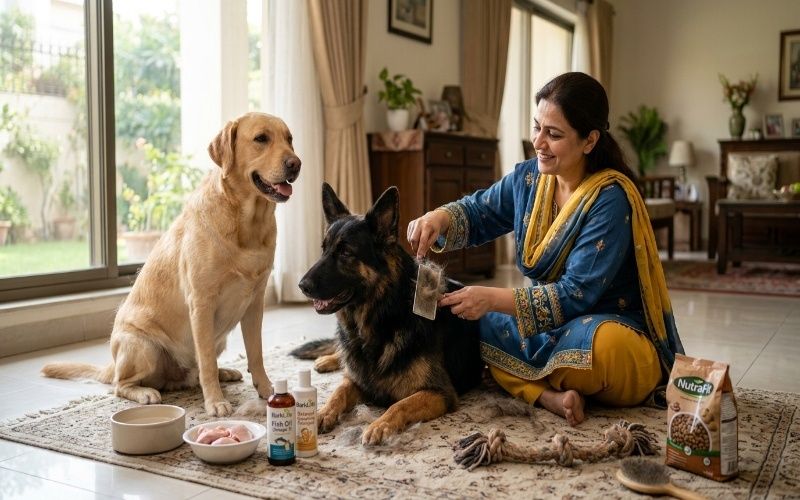 Dog owner brushing Labrador and German Shepherd at home showing natural ways to reduce shedding with grooming, healthy food, hydration, and care routine